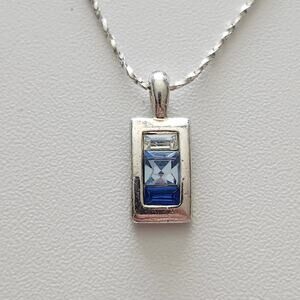 Blue Rhinestone Rectangle Pendant Necklace Silver Tone 18in Crystal Chain Modern